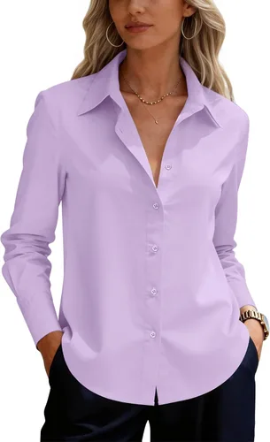Vista 24 de siliteelon Camisas de vestir con botones para mujer, camisas de vestir de manga larga para mujer, camisas de trabajo de algodón de ajuste regular