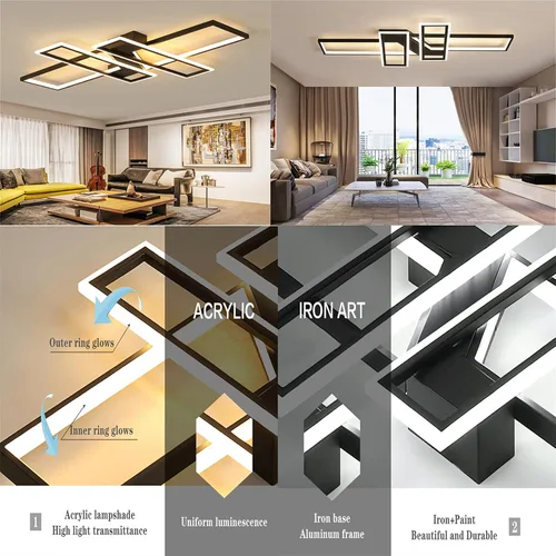 Vista 6 de Lámpara de Techo LED Moderna de 35.4", Luminaria Candelabro Regulable Negra de 94W, Rectangular, con Control Remoto Lámpara de Comedor, Lámparas