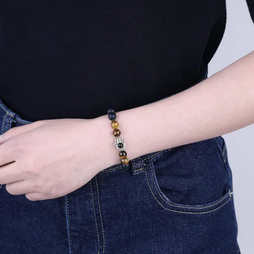 Vista 2 de Pulsera Hamsa con cuentas de piedra de tigre de ónix