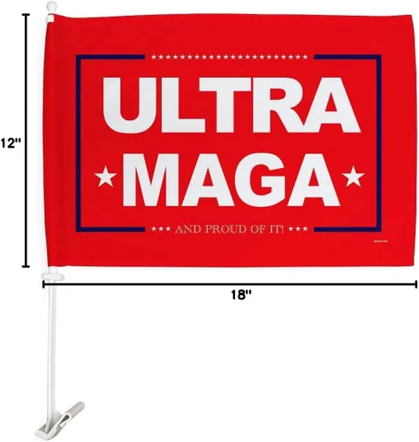 Vista 4 de Bandera roja Ultra MAGA para automóvil, decoración de automóvil, decoración de ventana, soporte de montaje con clip en tapiz pequeño Pro Trump 2024