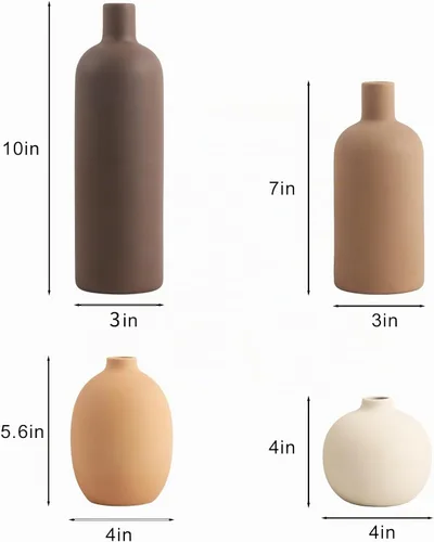 Vista 2 de Juego de 4 jarrones de cerámica neutrales para decoración de casa de campo, jarrones decorativos rústicos para centros de mesa bohemias de sala