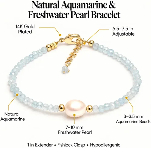 Vista 2 de Gempires - Pulseras de cuentas de cristal hechas a mano con joyería de perlas de agua dulce hipoalergénicas, chapadas en oro de 7.5 pulgadas