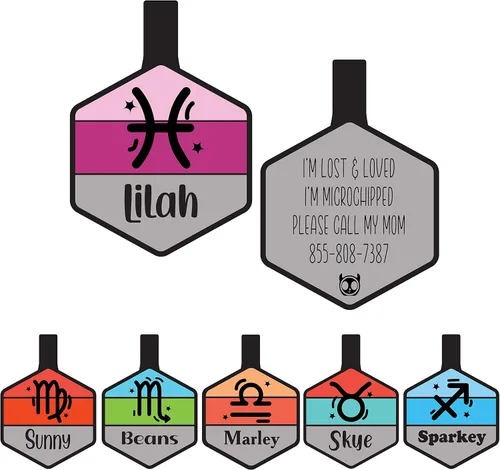 Vista 14 de Placa silenciosa para perro personalizada con 5 líneas de identificación de mascotas de silicona duradera y grabada profundamente, hexágono, azul