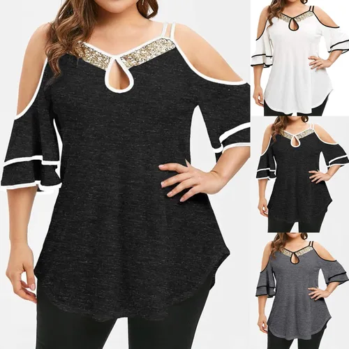 Vista 6 de 957 Camiseta de manga corta para mujer, con hombros descubiertos, camiseta sexy con correa de lentejuelas, manga corta, cómoda, holgada, para verano