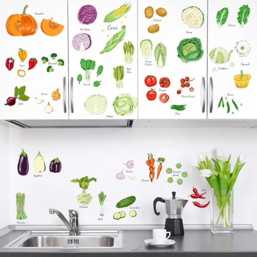 Vista 7 de Linda calcomanía de pared de frutas de dibujos animados DIY cocina verduras verdes verduras verdes sandía zanahoria berenjena cereza naranja