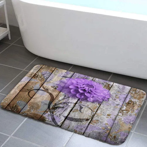 Vista 18 de JAWO Alfombra de baño con flores de granja, dalia en tablones de madera rústica, juego de tapetes de baño con flores azules, en forma de U