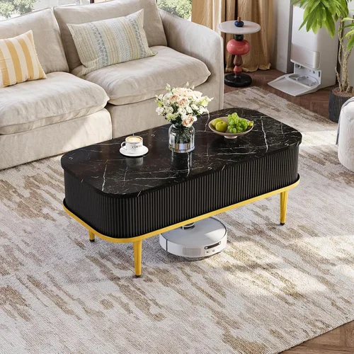 Vista 5 de Mesas de centro rectangulares para sala de estar, moderna mesa de centro acanalada con almacenamiento, mesa de centro pequeña, mesa central ovalada