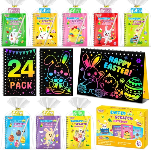Vista 14 de Recuerdos de fiesta para niños: paquete de 4 cuadernos de arte de rascar arcoíris para estudiantes, regalos a granel para aula para niñas y niños