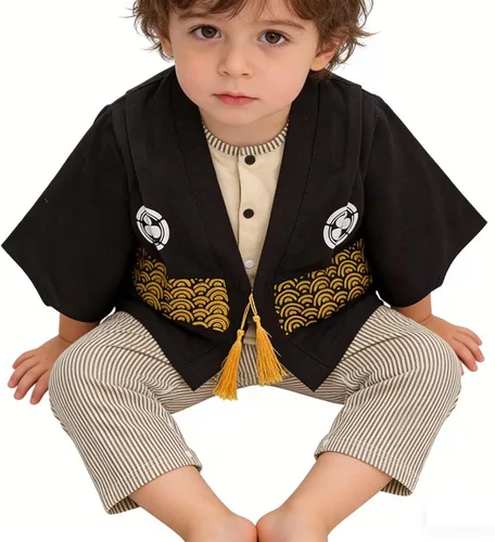 Vista 7 de Traje de kimono para bebé, traje japonés, trajes de algodón samurái para bebés Beige