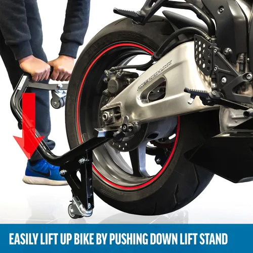 Vista 7 de Soportes de elevación para motocicleta con ruedas Dolly, horquilla delantera y accesorios de elevación de carrete trasero, compatibles con Suzuki