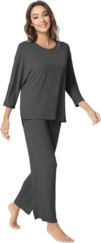 Vista 2 de NACHILA Conjunto de pijama de manga larga para mujer, pantalones largos suaves, pijamas de bambú con bolsillos, S-XL