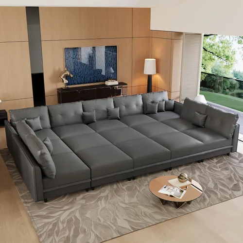 Vista 12 de LLappuil Sofá cama modular modular con almacenamiento, sofás de piel sintética de 6 plazas para sala de estar, color marrón
