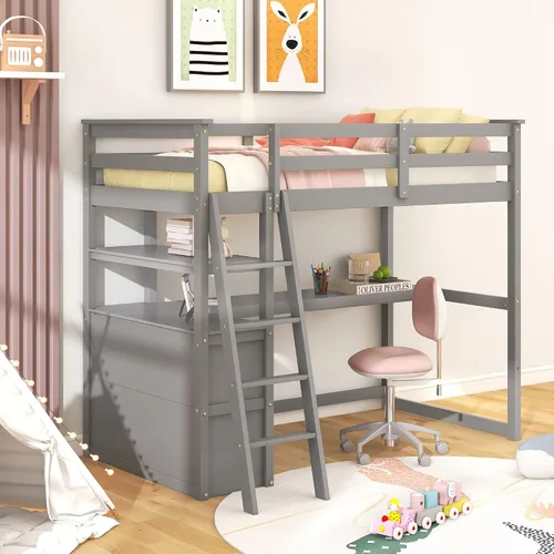 Vista 4 de Polibi Cama tipo loft de madera de tamaño individual con escritorio/2 cajones integrados/2 estantes, cama loft multifuncional con escalera