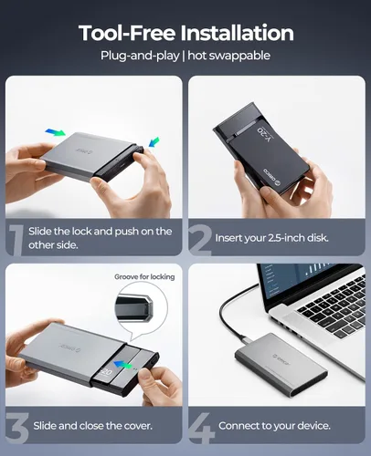 Vista 8 de ORICO Carcasa de Disco Duro USB C de Aluminio para SSD/HDD SATA de 2.5 Pulgadas, Cable USB 3.2 GEN 2 USB C a USB A/C 2 en 1, Soporta macOS Windows