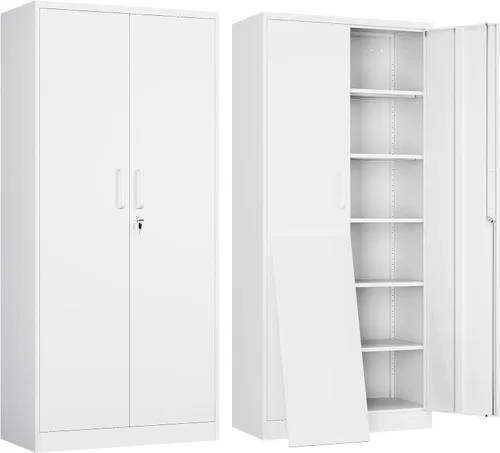 Vista 15 de Yizosh Armario de almacenamiento de metal para garaje con 2 puertas y 5 estantes ajustables, gabinete de archivo de acero con cerradura de 71