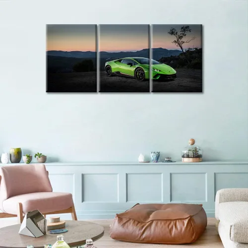 Vista 91 de Arte de pared de auto deportivo rojo para sala de estar, arte de pared de lienzo de súper auto genial, imágenes pósters, 3 piezas, arte moderno