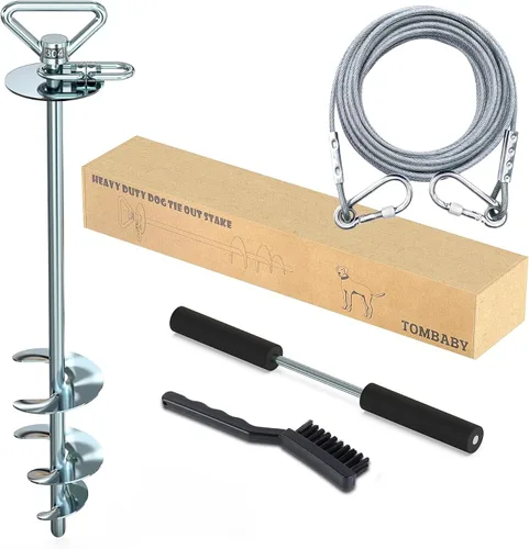 Vista 10 de TOMBABY Cable y estaca para perros, con cable resistente de 20 pies, anclaje giratorio de 360° y antienredos, corredor de perro para patio, estaca
