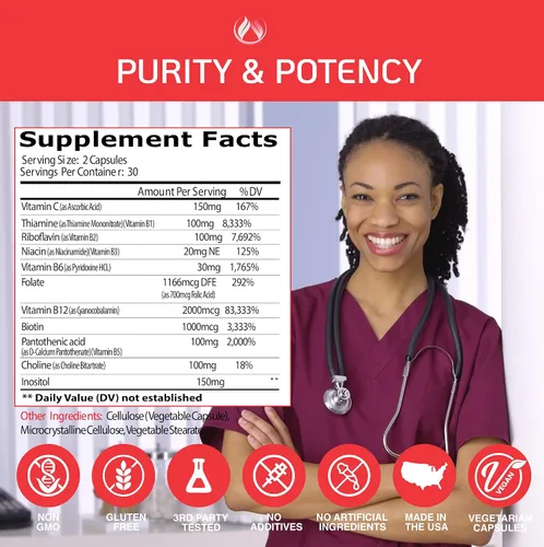 Vista 6 de THE ENCLARE NUTRITION Vitamina B12 - Complejo de vitamina B con vitamina C, biotina, inositol, ácido fólico, vitaminas B, vitaminas B1, B2, B3, B4