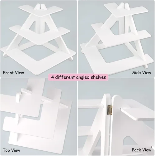 Vista 7 de Soporte para 24 cupcakes – Soporte rústico para cupcakes de 3 niveles plegable de madera – Soporte blanco para cupcakes – Torre de cupcakes