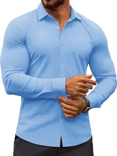 Vista 13 de COOFANDY Camisas de vestir ajustadas para hombre, sin arrugas, manga larga, casuales, con botones