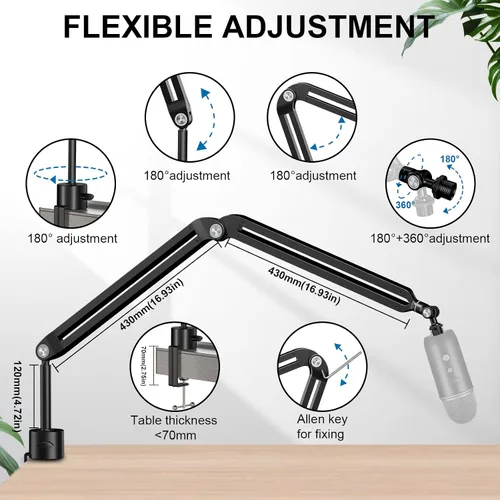 Vista 3 de Brazo de suspensión para micrófono Aokeo AK-45, soporte de escritorio ajustable y compacto para micrófono de suspensión tipo tijera para Blue Yeti