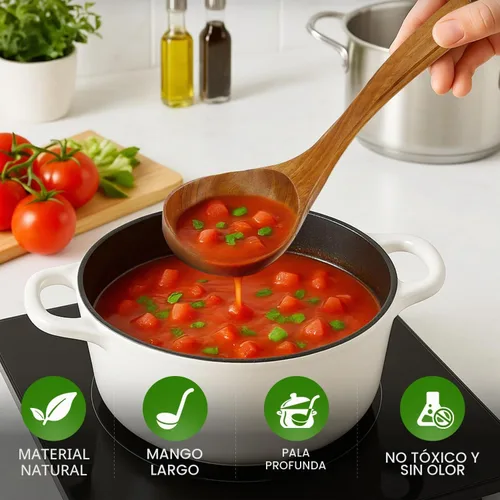 Vista 5 de Paquete de 3 cucharones de madera para servir, cucharón de sopa, cucharón de madera para cocinar, cucharón grande, herramientas de cocina