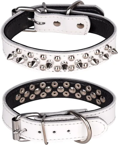 Vista 22 de Collar de perro con tachuelas, collar de perro de cuero genuino, collares ajustables para mascotas pequeñas o medianas (S, negro-1)