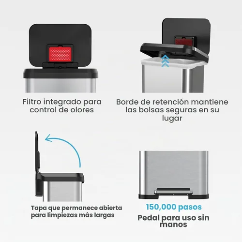 Vista 3 de iTouchless SoftStep EXP - Cubo de basura con pedal de 13.2 galones, con filtro de olores AbsorbX, basurero de acero inoxidable con plástico a prueba