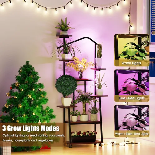 Vista 2 de Zelvia Soporte esquinero de 8 niveles con luces de crecimiento, estante de metal de 65 pulgadas de alto, exhibición de varios niveles para plantas
