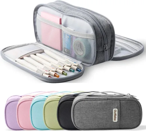 Vista 10 de Estuche grande para lápices, bolsa de gran capacidad con 4 compartimentos, múltiples bolsillos, bolsa de lápices portátil con cremallera Negro