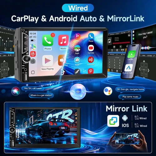 Vista 2 de Estéreo de coche de doble DIN con cámara de tablero, compatible con Apple Carplay, Android Auto, receptor de radio de coche con pantalla táctil de 7