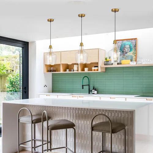 Vista 3 de Lámpara Colgante de Vidrio Moderna de Latón 1 Luz Individual con Cúpula Luminarias Colgantes para Isla de Cocina Comedor Pasillo, Diámetro 9 Latón