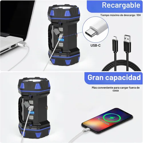 Vista 6 de Linterna de camping LED recargable, linterna de campamento de 1500 lm, 8 modos de luz, luces de campamento de capacidad 4800, luz de flash brillante