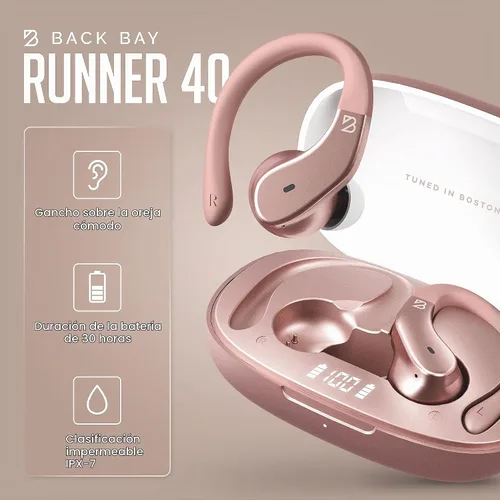 Vista 3 de Back Bay Audio - Auriculares inalámbricos Bluetooth para corredores, auriculares con gancho para colocar sobre la oreja, graves profundos Oro rosa