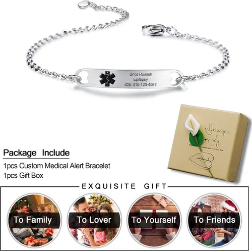 Vista 7 de Kurafeel Pulseras de alerta médica personalizadas para mujeres, hombres y niños, cadena cubana grande de 0.315in, pulseras de identificación médica