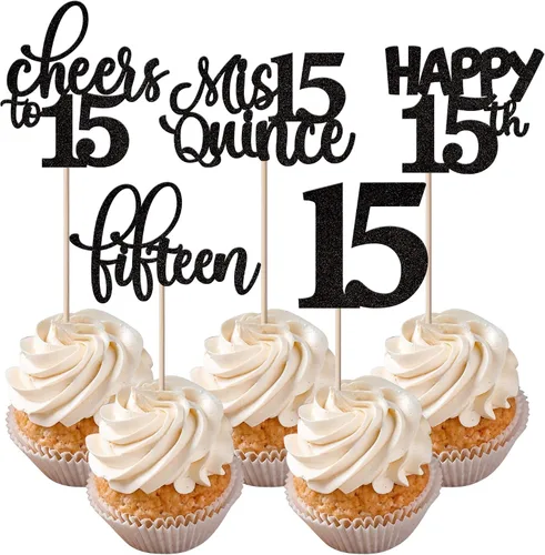 Vista 63 de Rsstarxi Paquete de 30 adornos para cupcakes de 6º cumpleaños con purpurina negra de seis Hello 6 para cupcakes Cheers to 6 años de edad