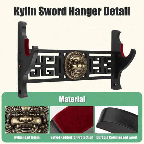 Vista 3 de Soporte de pared para espada Ekkhysis Kylin de 1 nivel con acolchado de terciopelo y gancho, soporte para katana para espada Tanto de samurái