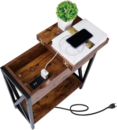 Vista 7 de ZENY Mesa auxiliar con estación de carga, mesa auxiliar abatible con puertos USB y tomas, mesa de sofá estrecha para sala de estar, dormitorio