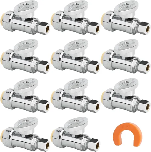 Vista 21 de Válvula de Parada Angular WiseWater 1/2" FNPT x 3/8" OD de Compresión, Válvula de Cierre de Inodoro de Cuarto de Vuelta de Latón Cromado para Baño