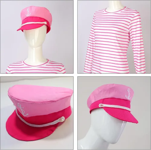 Vista 4 de Nahzsai Disfraz de marinero de Margot Robbie para cosplay, camisa a rayas rosas y blancas con sombrero de marinero rosa para hombres y mujeres