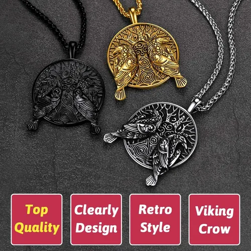 Vista 6 de FaithHeart Collar de cuervo vikingo nórdico para hombres y mujeres, joyería de cuervo celta vintage, se puede grabar, Acero inoxidable, Circonia