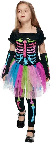 Vista 2 de Snailify Disfraz de calavera colorida para niñas, bonito vestido de Halloween para fiesta de cosplay