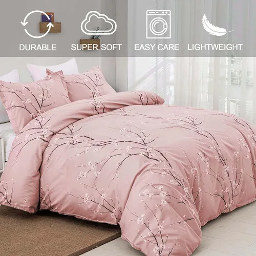 Vista 2 de WONGS BEDDING Juego de funda de edredón floral rosa tamaño individual, juego de ropa de cama reversible con 1 funda de almohada, juego de funda