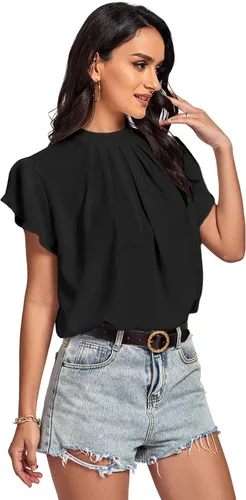 Vista 3 de LYANER Blusa básica plisada de manga corta con cuello alto falso para mujer