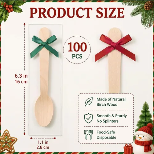 Vista 3 de Umigy 100 Pcs Christmas Wooden Spoons Disposable 5.5'',Bow