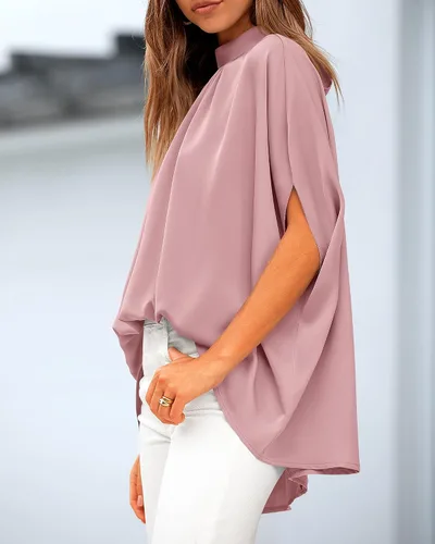 Vista 58 de BTFBM Blusas de verano para mujer, cuello alto falso, manga murciélago, holgadas, dobladillo alto y bajo, blusas informales de gran