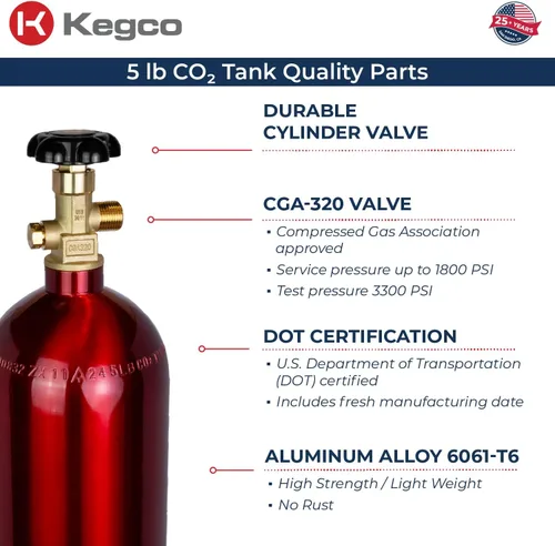 Vista 4 de Kegco 3PB5-RED 5 lb. Tanque de aluminio de Co2 con acabado epoxi rojo eléctrico