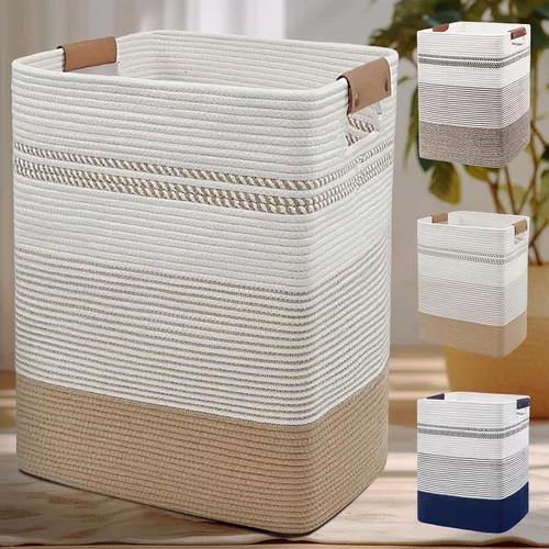 Vista 19 de DOFASAYI Cesta de lavandería grande de 72 litros con asas de cuero, cesta de almacenamiento decorativa para mantas, cesta de ropa para sala
