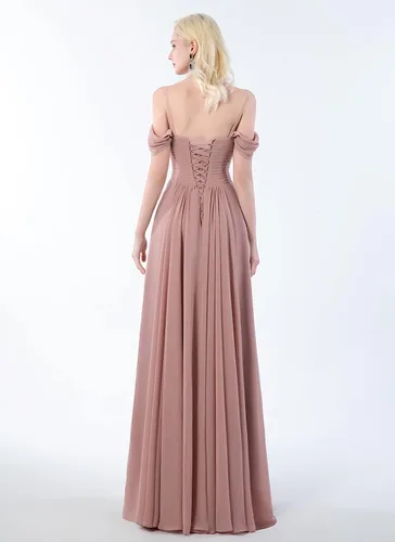 Vista 2 de Vestidos largos de dama de honor con hombros descubiertos para mujer, con bolsillos, acampanados, plisados, de gasa, vestidos formales de fiesta