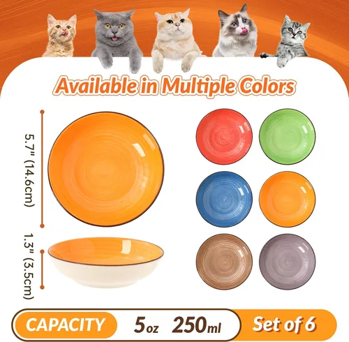 Vista 2 de Juego de cuencos coloridos de cerámica para gatos, paquete de 6 platos para gatos aptos para bigotes para alimentos y agua, platos de 5.7 pulgadas